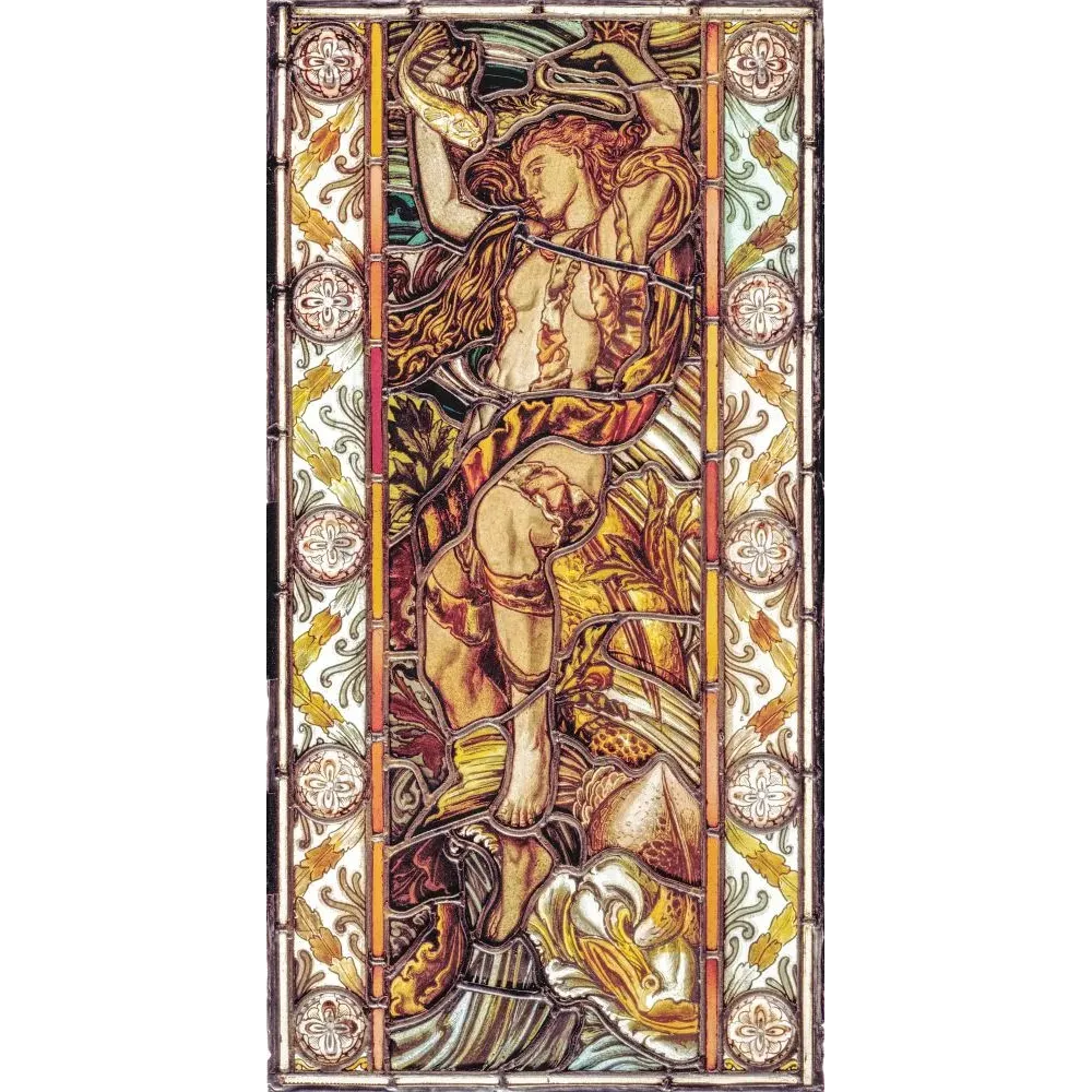 Panneau vitrail Art Nouveau guerrier héros mythologique cheveux roux drapé ocre bordeaux rosaces florales Panneau vitrail Art Nouveau guerrier héros mythologique cheveux roux drapé ocre bordeaux rosaces florales