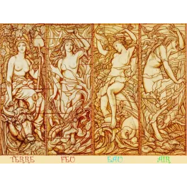 Ensemble vitrail Art Nouveau Quatre Éléments Terre Feu Eau Air figures féminines allégoriques tons ambrés ocre