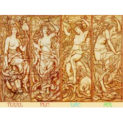 Ensemble vitrail Art Nouveau Quatre Éléments Terre Feu Eau Air figures féminines allégoriques tons ambrés ocre