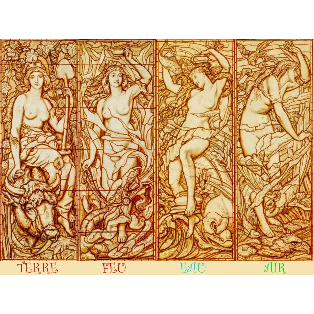 Ensemble vitrail Art Nouveau Quatre Éléments Terre Feu Eau Air figures féminines allégoriques tons ambrés ocre