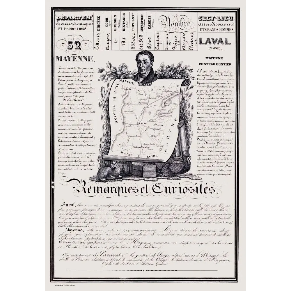 Document statistique Mayenne n°52 Laval portrait Volney philosophe carte Maine toiles industrie textile XIXe Document statistique Mayenne n°52 Laval portrait Volney philosophe carte Maine toiles industrie textile XIXe