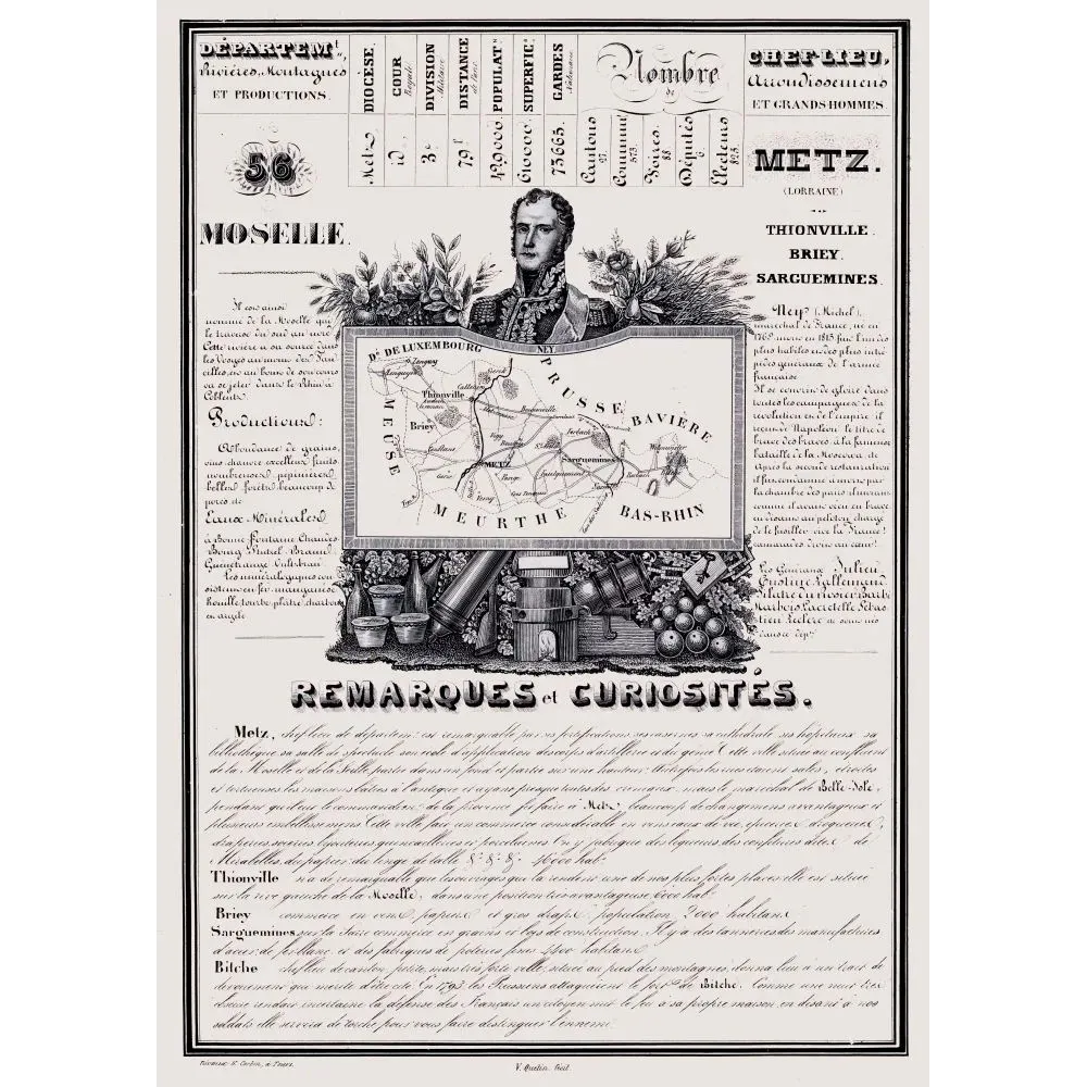 Document statistique Moselle n°56 Metz portrait maréchal Ney cathédrale cristallerie faïence Lorraine frontière XIXe