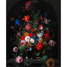 Nature morte florale flamande XVIIe bouquet tulipes roses pivoines iris vase verre niche pierre