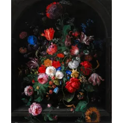 Nature morte florale flamande XVIIe bouquet tulipes roses pivoines iris vase verre niche pierre