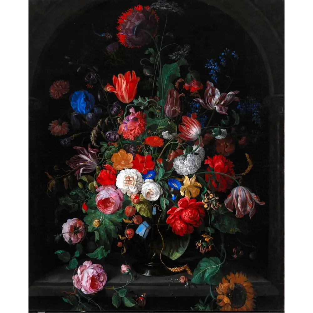Nature morte florale flamande XVIIe bouquet tulipes roses pivoines iris vase verre niche pierre Nature morte florale flamande XVIIe bouquet tulipes roses pivoines iris vase verre niche pierre
