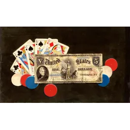 Trompe-l'œil américain XIXe billet 5 dollars cartes jouer valet dame jetons poker rouge bleu