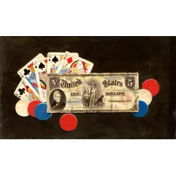 Trompe-l'œil américain XIXe billet 5 dollars cartes jouer valet dame jetons poker rouge bleu