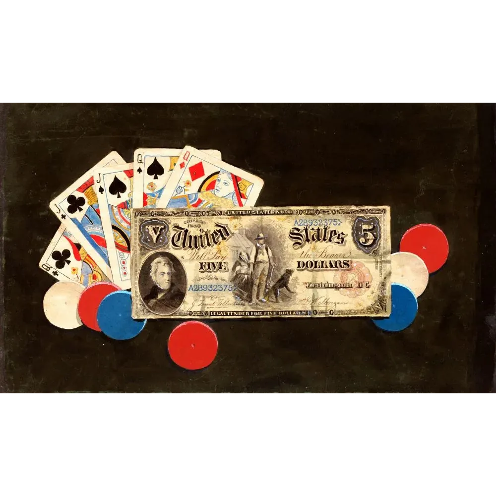 Trompe-l'œil américain XIXe billet 5 dollars cartes jouer valet dame jetons poker rouge bleu Trompe-l'œil américain XIXe billet 5 dollars cartes jouer valet dame jetons poker rouge bleu