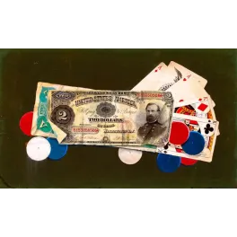 Trompe-l'œil américain 1891 billet 2 dollars as roi cartes jouer jetons poker fond vert