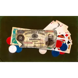 Trompe-l'œil américain 1891 billet 2 dollars as roi cartes jouer jetons poker fond vert