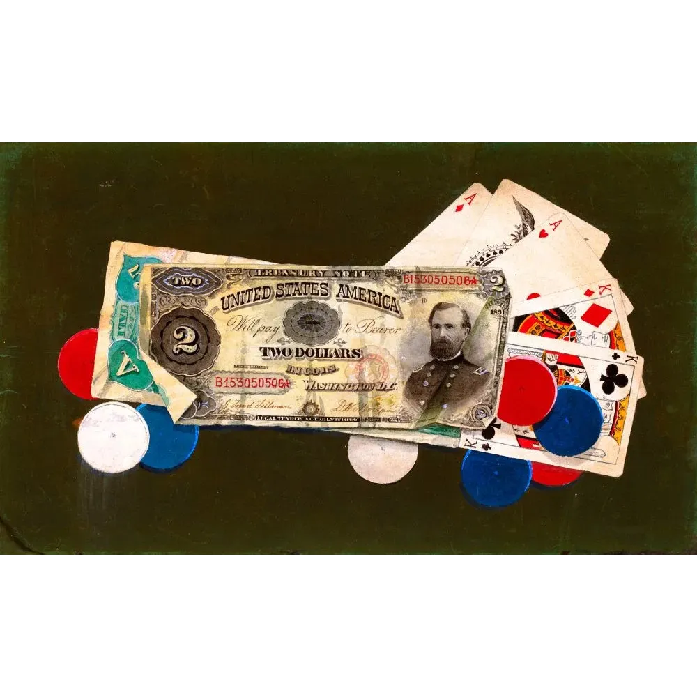 Trompe-l'œil américain 1891 billet 2 dollars as roi cartes jouer jetons poker fond vert Trompe-l'œil américain 1891 billet 2 dollars as roi cartes jouer jetons poker fond vert