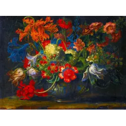 Nature morte florale baroque bouquet tulipes orangées lys œillets coupe ornementale fond sombre