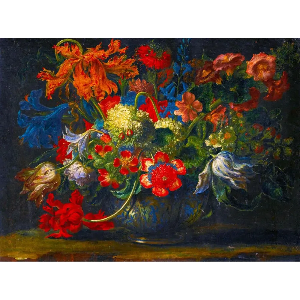 Nature morte florale baroque bouquet tulipes orangées lys œillets coupe ornementale fond sombre