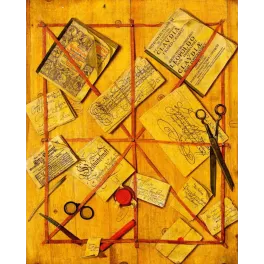 Trompe-l'œil germanique XVIIe documents calligraphiés livres ciseaux cachet cire panneau bois croisillons rouges