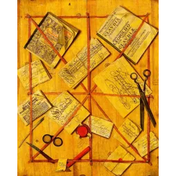 Trompe-l'œil germanique XVIIe documents calligraphiés livres ciseaux cachet cire panneau bois croisillons rouges