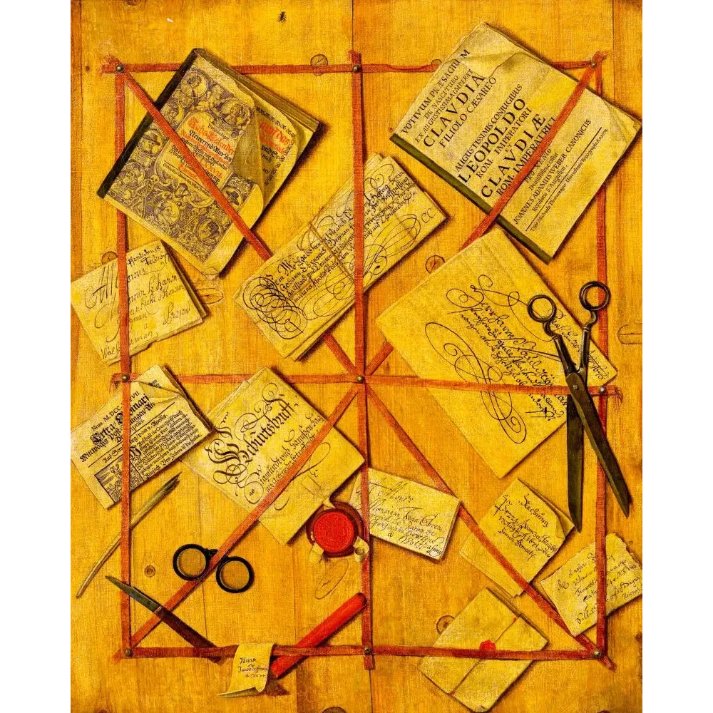Trompe-l'œil germanique XVIIe documents calligraphiés livres ciseaux cachet cire panneau bois croisillons rouges