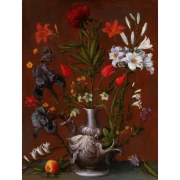 Nature morte florale maniériste lys blancs tulipes rouges iris sombres vase argenté mascarons papillon XVIe