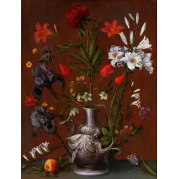 Nature morte florale maniériste lys blancs tulipes rouges iris sombres vase argenté mascarons papillon XVIe