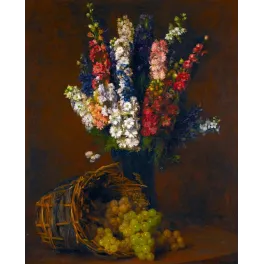 Nature morte impressionniste XIXe bouquet pieds d'alouette bleu rose blanc vase raisins verts panier osier