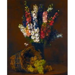 Nature morte impressionniste XIXe bouquet pieds d'alouette bleu rose blanc vase raisins verts panier osier