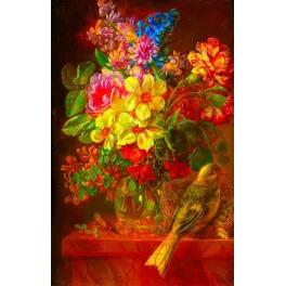 Nature morte florale XIXe bouquet dahlias jaunes roses jacinthes bleues oiseau nid vase verre marbre rouge