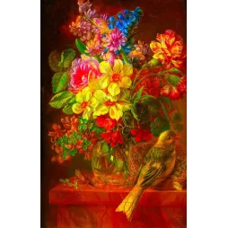 Nature morte florale XIXe bouquet dahlias jaunes roses jacinthes bleues oiseau nid vase verre marbre rouge