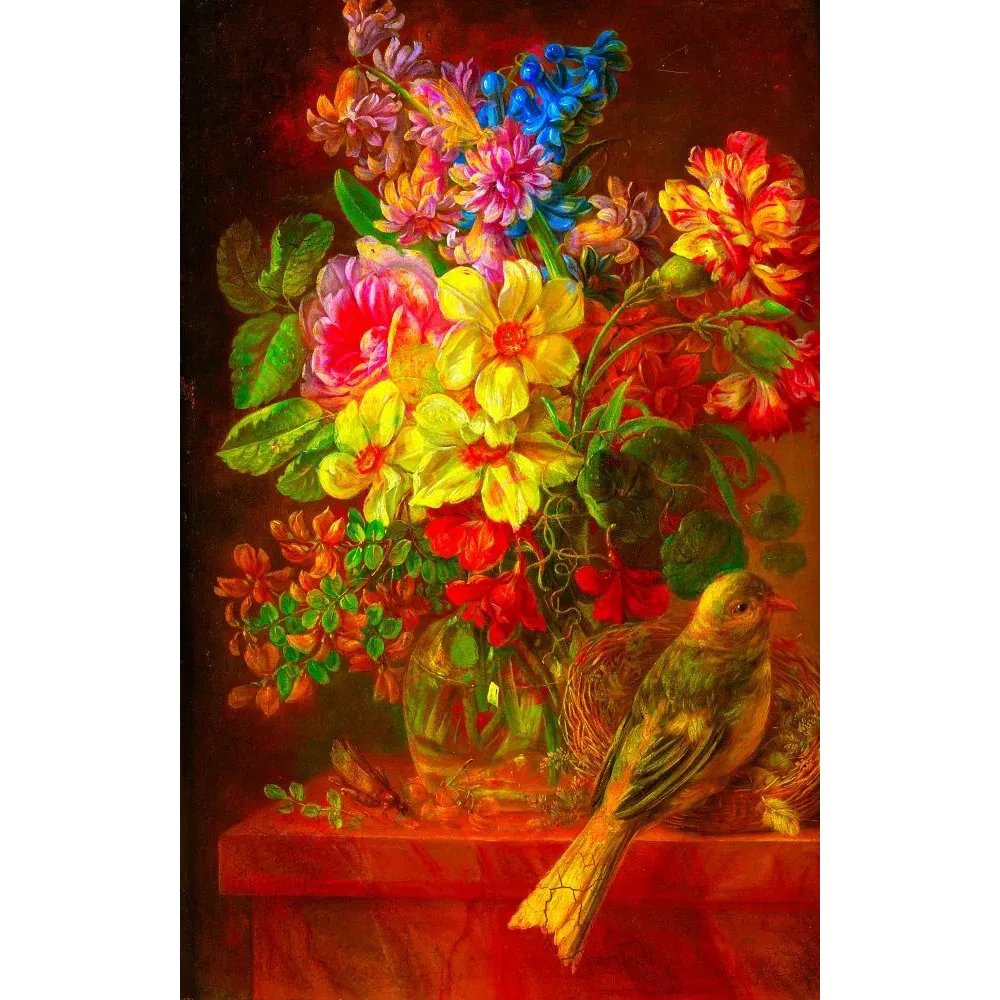 Nature morte florale XIXe bouquet dahlias jaunes roses jacinthes bleues oiseau nid vase verre marbre rouge