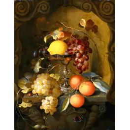 Peinture flamande XVIIe nature morte tazza argent raisins blancs noirs oranges citron escargot papillon niche baroque