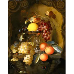 Peinture flamande XVIIe nature morte tazza argent raisins blancs noirs oranges citron escargot papillon niche baroque