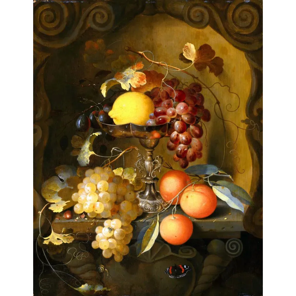Peinture flamande XVIIe nature morte tazza argent raisins blancs noirs oranges citron escargot papillon niche baroque Peinture flamande XVIIe nature morte tazza argent raisins blancs noirs oranges citron escargot papillon niche baroque