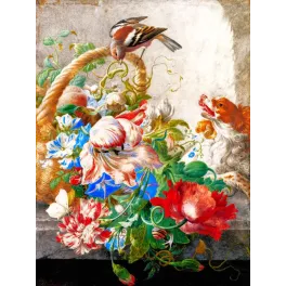 Peinture académique XVIIIe nature morte panier fleurs tulipes perroquets coquelicots chardonneret épagneul roux