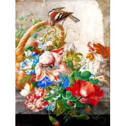 Peinture académique XVIIIe nature morte panier fleurs tulipes perroquets coquelicots chardonneret épagneul roux