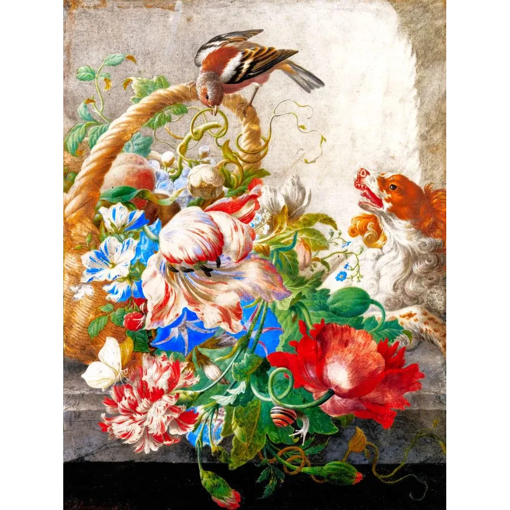 Peinture académique XVIIIe nature morte panier fleurs tulipes perroquets coquelicots chardonneret épagneul roux Peinture académique XVIIIe nature morte panier fleurs tulipes perroquets coquelicots chardonneret épagneul roux