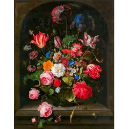 Peinture flamande XVIIe bouquet tulipes rayées roses pivoine iris vase verre niche pierre escargot épi blé