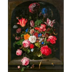 Peinture flamande XVIIe bouquet tulipes rayées roses pivoine iris vase verre niche pierre escargot épi blé