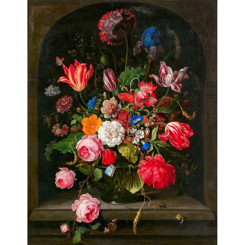 Peinture flamande XVIIe bouquet tulipes rayées roses pivoine iris vase verre niche pierre escargot épi blé