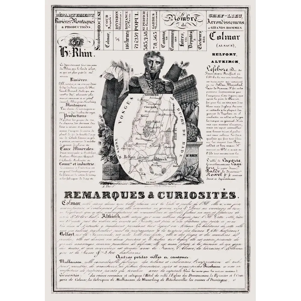 Document statistique Haut-Rhin n°67 Colmar maréchal Lefebvre carte Alsace Mulhouse manufactures vins XIXe