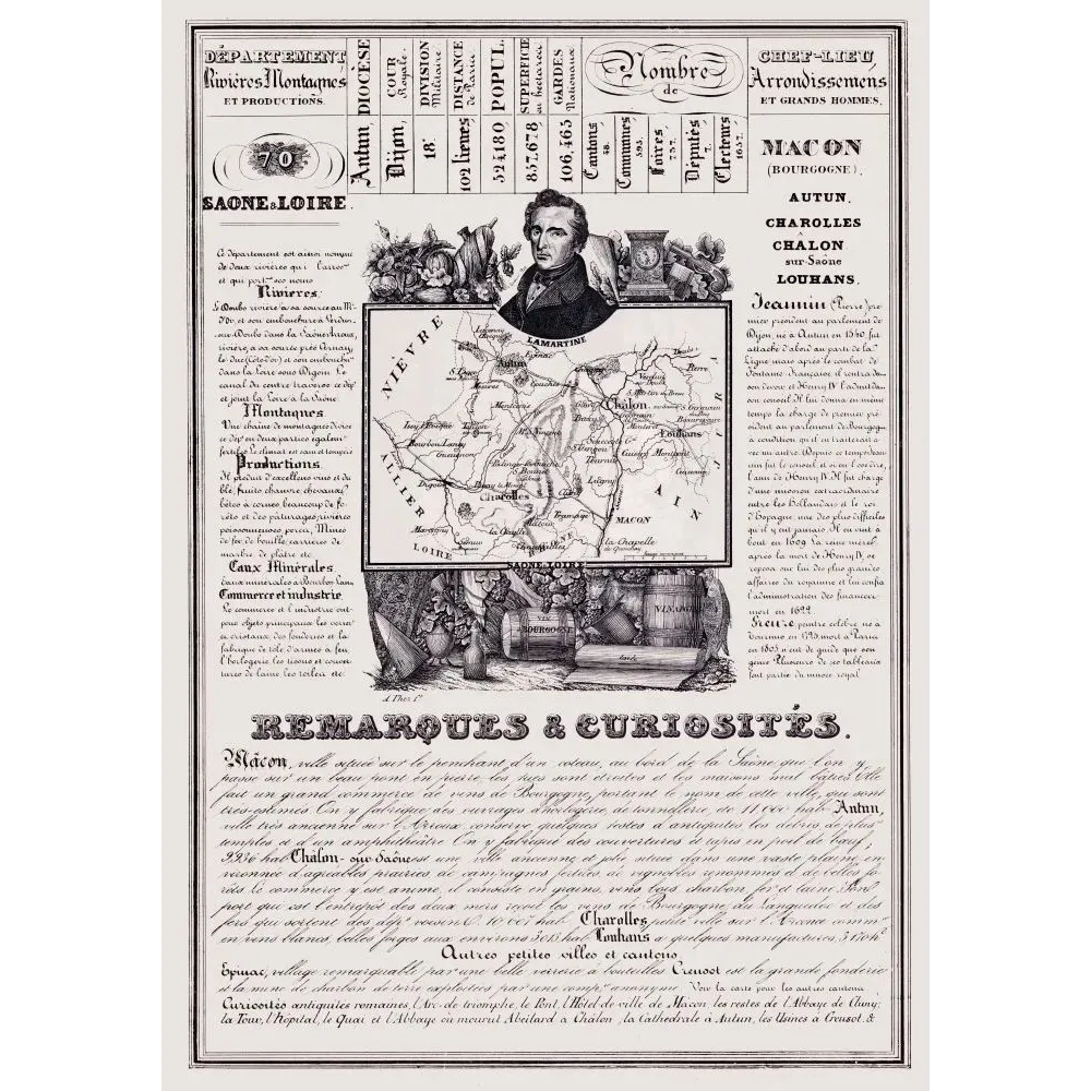 Document statistique Saône-et-Loire n°70 Mâcon Lamartine carte Bourgogne vins Creusot Autun XIXe