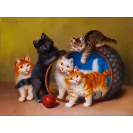 Peinture animalière J. Sperl Munich cinq chatons noir roux blanc tigré panier osier coussin bleu balle rouge