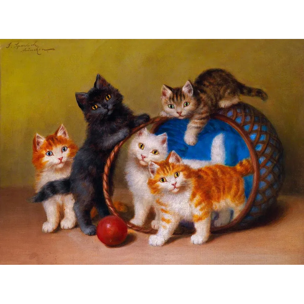 Peinture animalière J. Sperl Munich cinq chatons noir roux blanc tigré panier osier coussin bleu balle rouge Peinture animalière J. Sperl Munich cinq chatons noir roux blanc tigré panier osier coussin bleu balle rouge