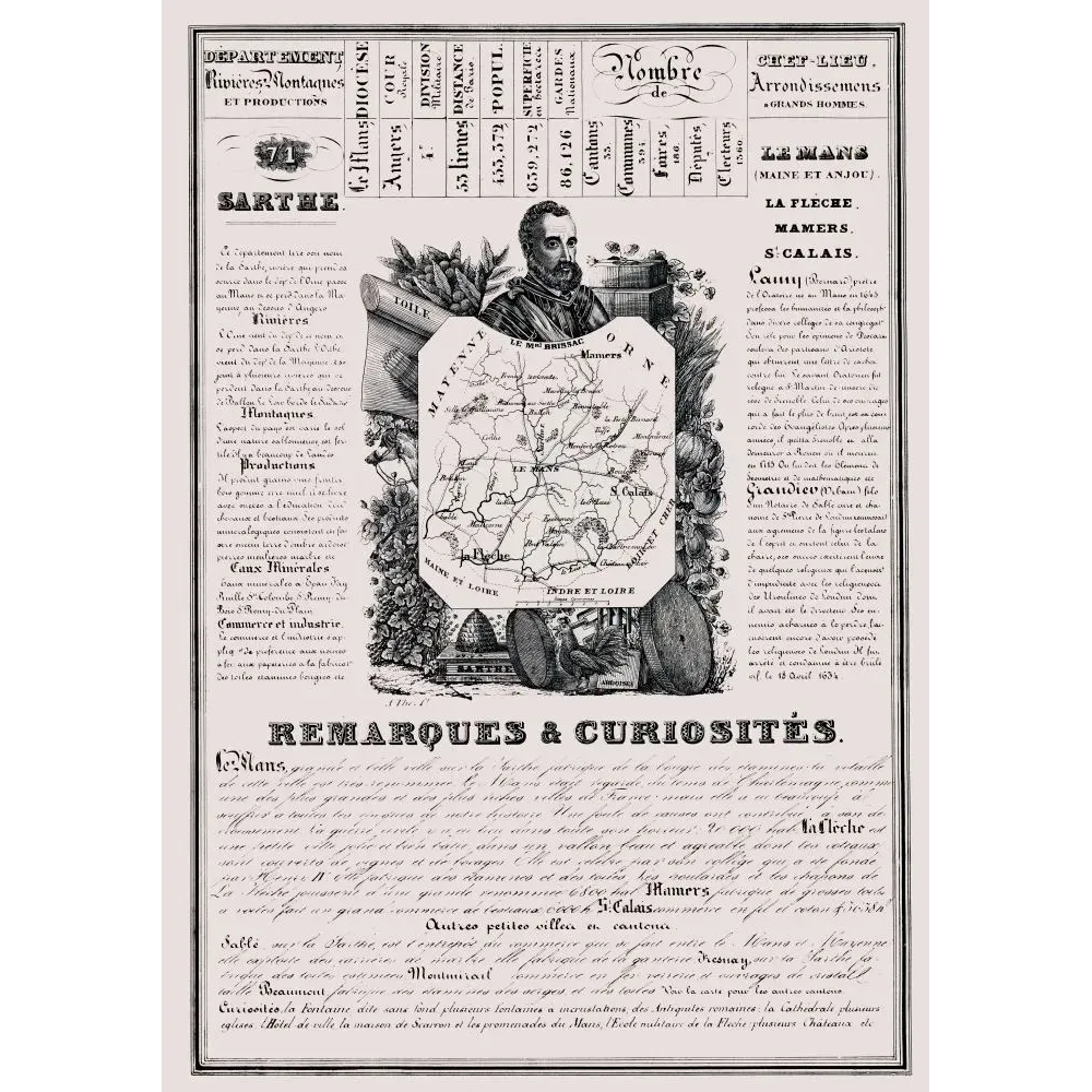 Document statistique Sarthe n°71 Le Mans Lamy carte Maine Anjou toiles fontaines incrustations La Flèche XIXe