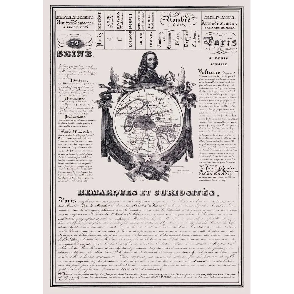 Document statistique Seine n°72 Paris Voltaire carte Île-de-France Panthéon Saint-Denis Boileau Molière XIXe Document statistique Seine n°72 Paris Voltaire carte Île-de-France Panthéon Saint-Denis Boileau Molière XIXe