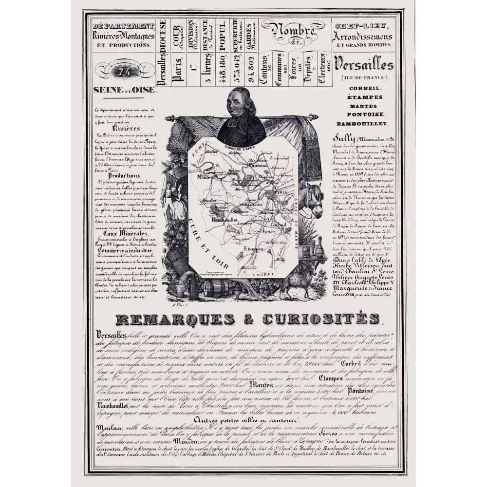 Document statistique Seine-et-Oise n°74 Versailles Sully carte Île-de-France Rambouillet Sèvres porcelaine XIXe