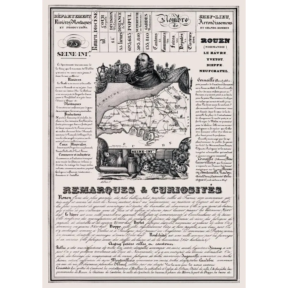 Document statistique Seine-Inférieure n°75 Rouen Pierre Corneille carte Normandie dentelles Dieppe Le Havre XIXe Document statistique Seine-Inférieure n°75 Rouen Pierre Corneille carte Normandie dentelles Dieppe Le Havre XIXe