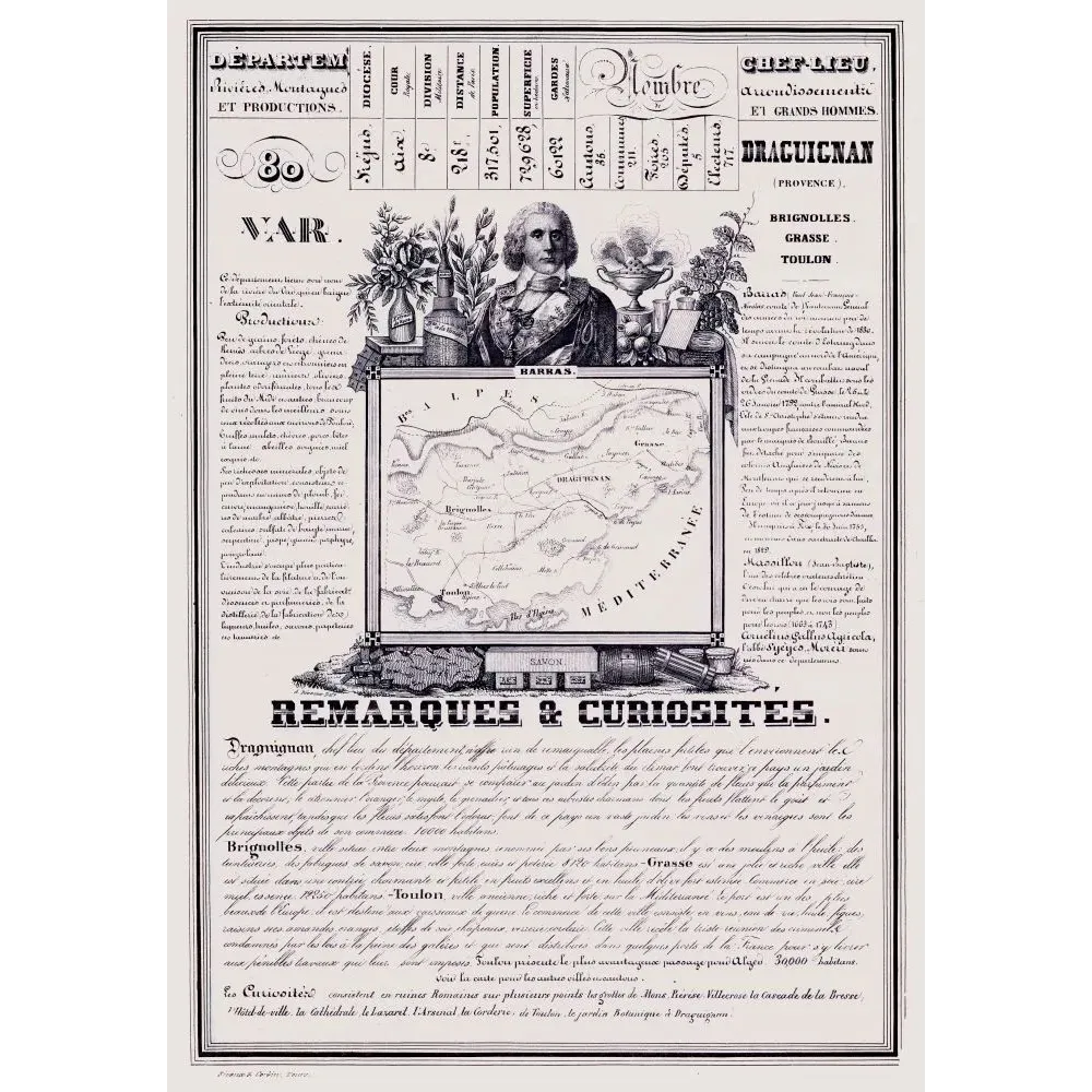 Document statistique Var n°80 Draguignan Barras carte Provence Toulon arsenal savon Grasse parfum XIXe Document statistique Var n°80 Draguignan Barras carte Provence Toulon arsenal savon Grasse parfum XIXe