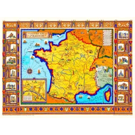 Carte illustrée France 1929 Harold Haven Brown provinces cathédrales châteaux blasons bordure dorée bleue New York
