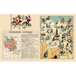 Carte illustrée Bourgogne Nivernais J.-P. Pinchon vins Beaune Dijon Creusot Auxerre charolais vignettes régionales