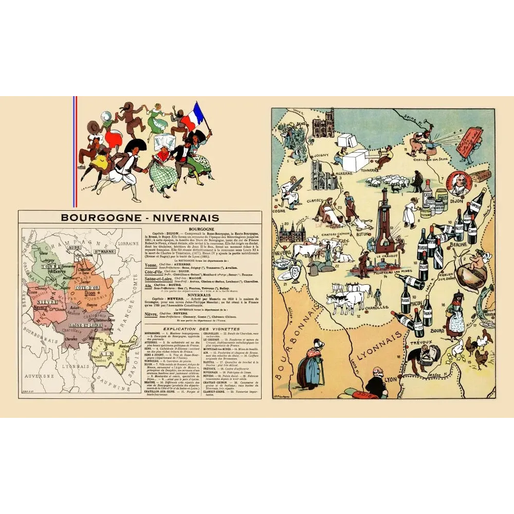Carte illustrée Bourgogne Nivernais J.-P. Pinchon vins Beaune Dijon Creusot Auxerre charolais vignettes régionales Carte illustrée Bourgogne Nivernais J.-P. Pinchon vins Beaune Dijon Creusot Auxerre charolais vignettes régionales