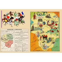 Carte illustrée Marche Limousin J.-P. Pinchon porcelaine Limoges tapisseries Aubusson mines Corrèze vignettes