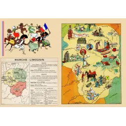 Carte illustrée Marche Limousin J.-P. Pinchon porcelaine Limoges tapisseries Aubusson mines Corrèze vignettes